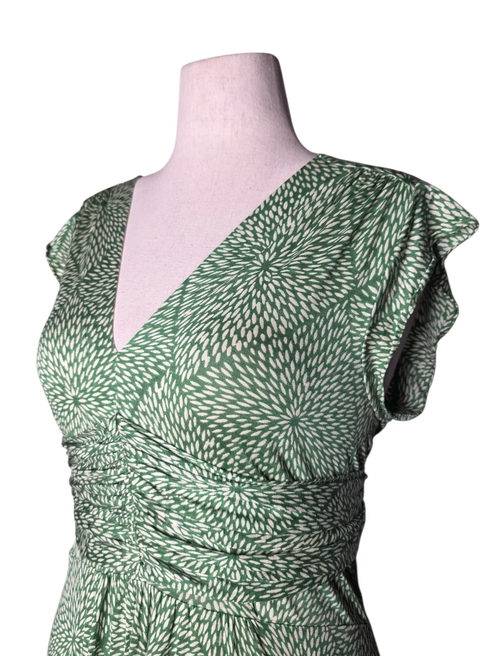 Banana Republic Silk Linen Dress Green White Print V Neck Tie Back L Tall - Picture 2 of 8